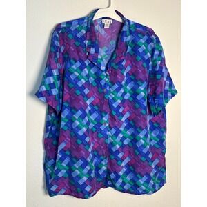 Vintage Stunt 100% Silk Geometric Print Button Down Shirt Purple Blue 2X Mens